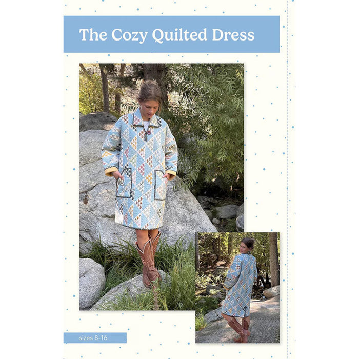 Cozy quilted dress worn by a model in a natural setting with text 'The Cozy Quilted Dress'.