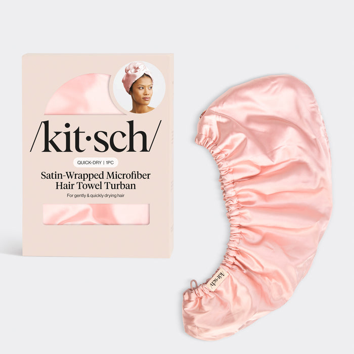 Kitsch Blush Satin Wrapped Hair Towel with packaging on a light gray background