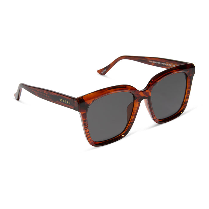 diff eyewear featuring the blythe square sunglasses with a mahogany tortoise frame and grey lenses angled view