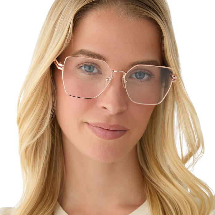 on model - female wearing diff eyewear bonnie square prescription glasses with a rose gold metal frame front view