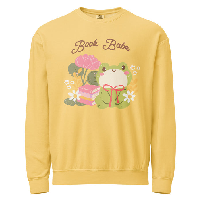 Book Babe Fleece Crewneck Sweatshirt - The Bean Workshop - Autumn Fashion, Book Babe Sweatshirt, Bookish Merch, Bookstagram, Cozy Lifestyle, Frog and Books, Kawaii Aesthetic, Minimalist Design, Pastel Literary Loungewear, Reader Gift, Soft Girl Frog Reading Crewneck, Sweatshirt, The Bean Workshop