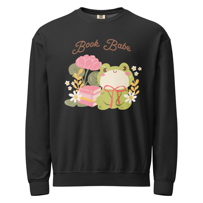 Book Babe Fleece Crewneck Sweatshirt - The Bean Workshop - Autumn Fashion, Book Babe Sweatshirt, Bookish Merch, Bookstagram, Cozy Lifestyle, Frog and Books, Kawaii Aesthetic, Minimalist Design, Pastel Literary Loungewear, Reader Gift, Soft Girl Frog Reading Crewneck, Sweatshirt, The Bean Workshop