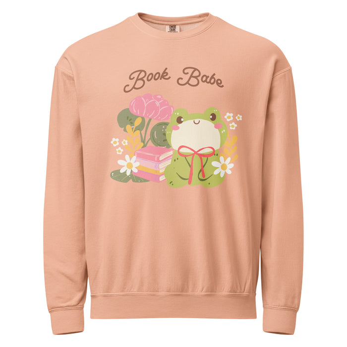 Book Babe Fleece Crewneck Sweatshirt - The Bean Workshop - Autumn Fashion, Book Babe Sweatshirt, Bookish Merch, Bookstagram, Cozy Lifestyle, Frog and Books, Kawaii Aesthetic, Minimalist Design, Pastel Literary Loungewear, Reader Gift, Soft Girl Frog Reading Crewneck, Sweatshirt, The Bean Workshop