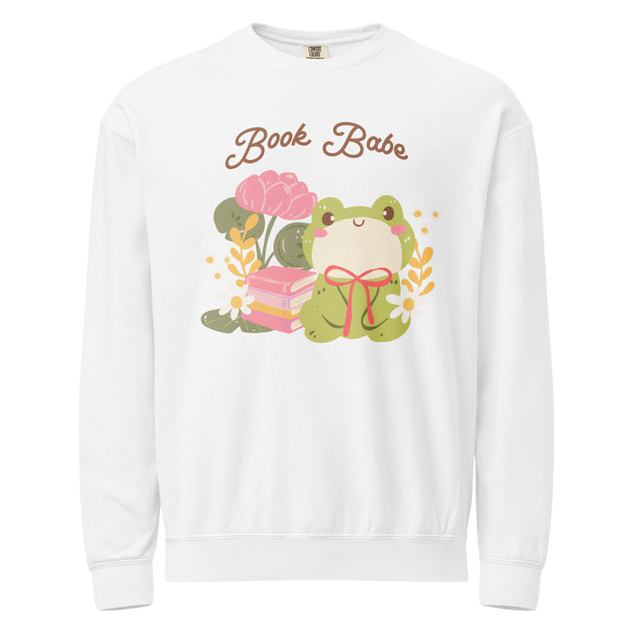 Book Babe Fleece Crewneck Sweatshirt - The Bean Workshop - Autumn Fashion, Book Babe Sweatshirt, Bookish Merch, Bookstagram, Cozy Lifestyle, Frog and Books, Kawaii Aesthetic, Minimalist Design, Pastel Literary Loungewear, Reader Gift, Soft Girl Frog Reading Crewneck, Sweatshirt, The Bean Workshop