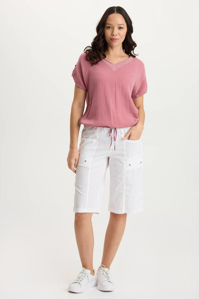XCVI Bower Gauze/Jersey Tabbed-Sleeve Bubble-Hem V-Neck Tee