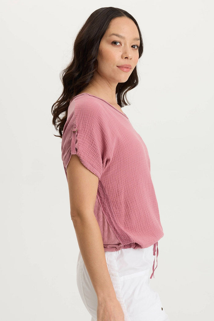 XCVI Bower Gauze/Jersey Tabbed-Sleeve Bubble-Hem V-Neck Tee