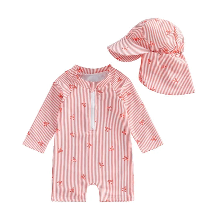 BOWTIES Striped Swimsuit with Sun Hat