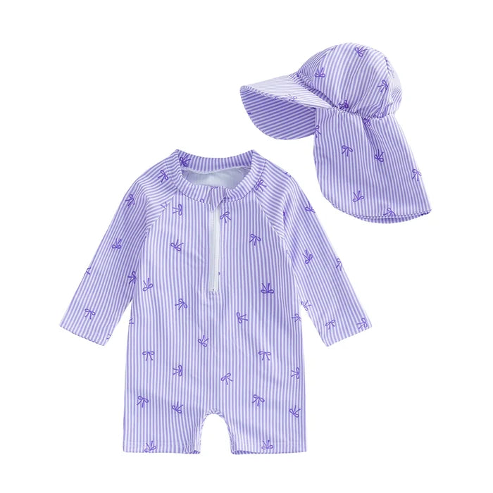 BOWTIES Striped Swimsuit with Sun Hat