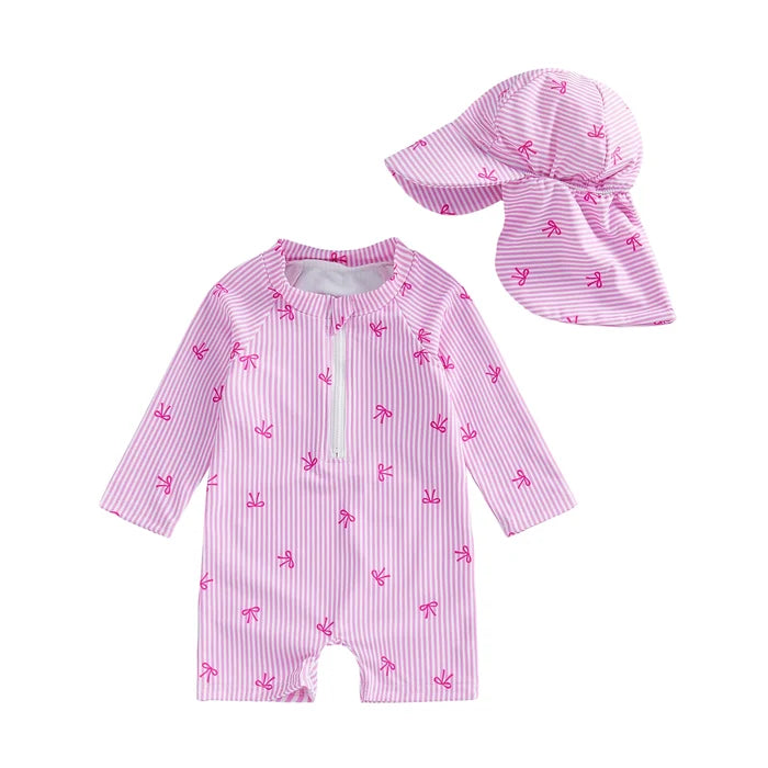 BOWTIES Striped Swimsuit with Sun Hat