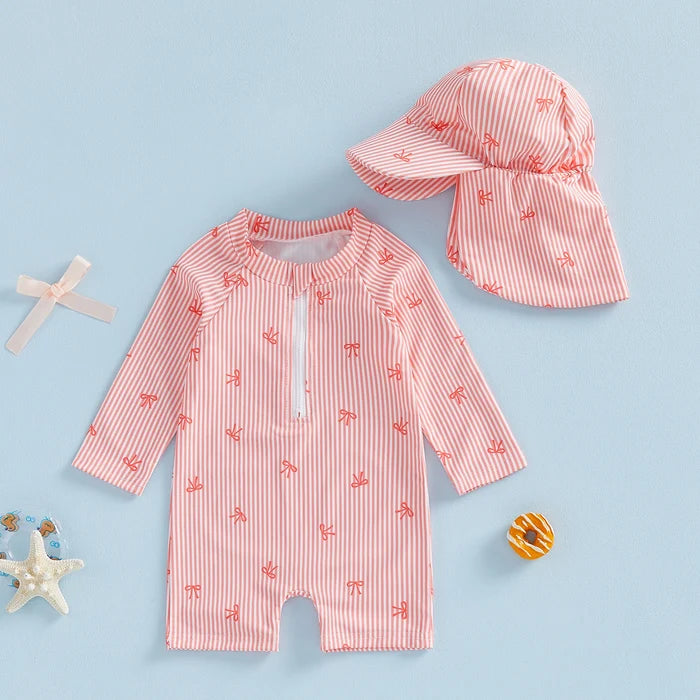 BOWTIES Striped Swimsuit with Sun Hat
