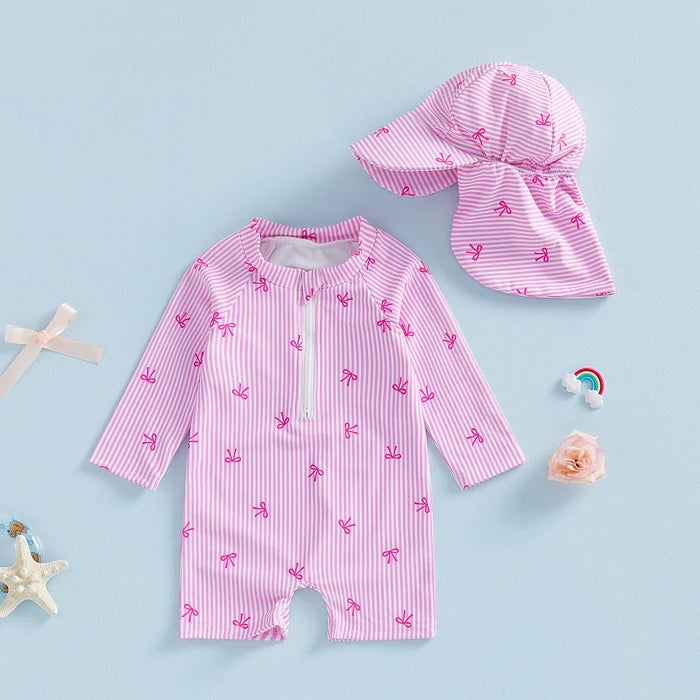 BOWTIES Striped Swimsuit with Sun Hat
