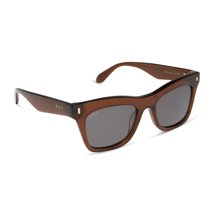 diff eyewear featuring the bradley cat eye sunglasses with a whiskey frame and grey lenses angled view