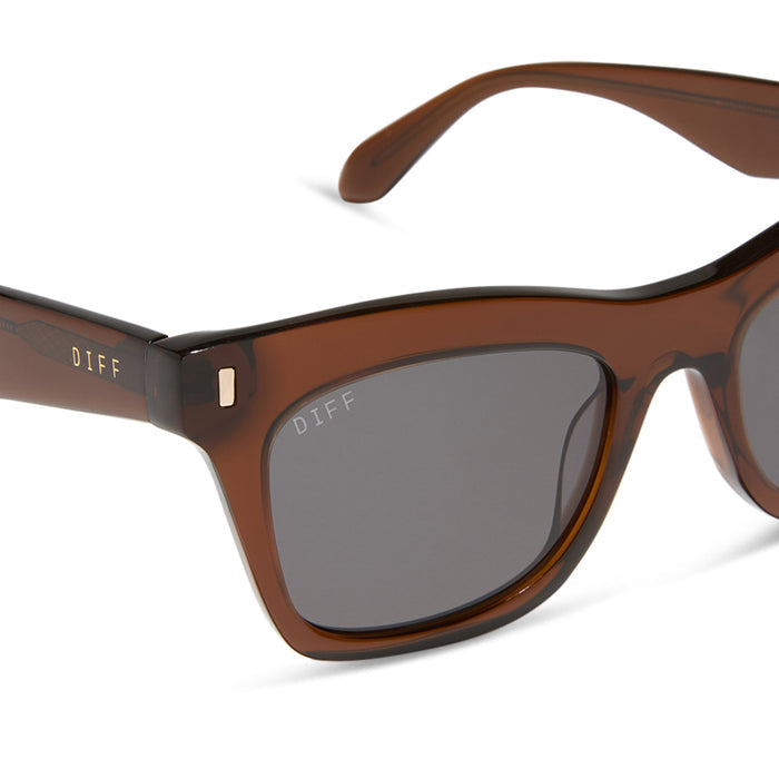diff eyewear featuring the bradley cat eye sunglasses with a whiskey frame and grey lenses detailed view