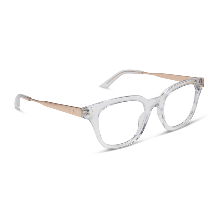 diff eyewear featuring the bridget round prescription glasses with a clear with gold frame angled view