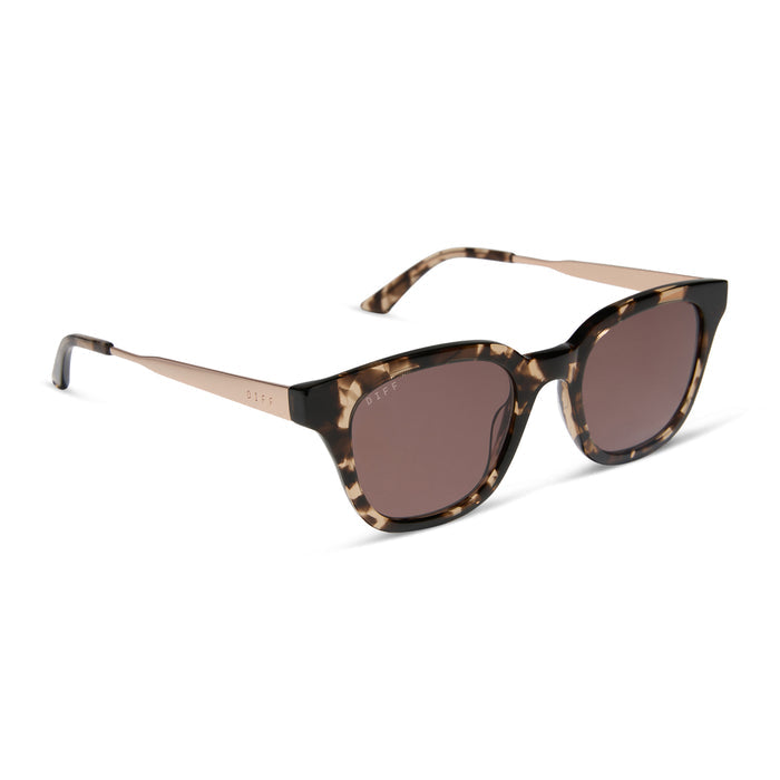 diff eyewear featuring the bridget round sunglasses with a espresso tortoise frame and brown polarized lenses angled view