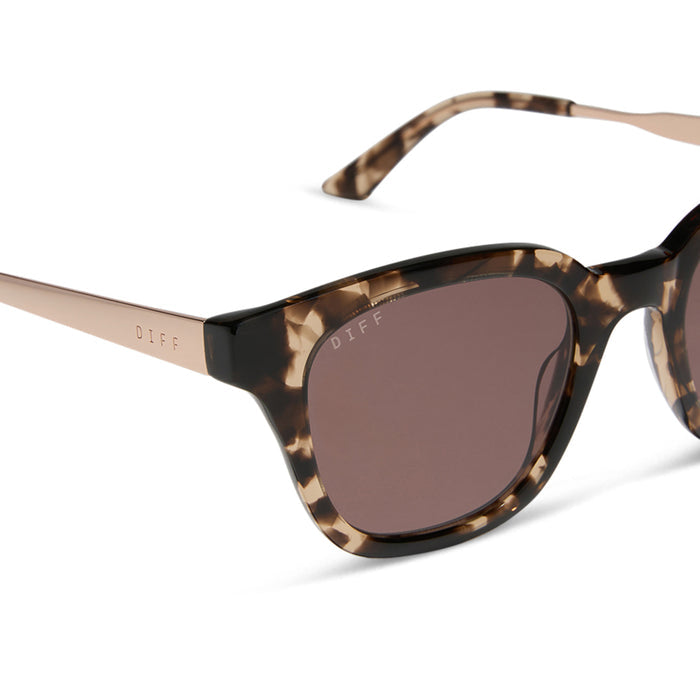 diff eyewear featuring the bridget round sunglasses with a espresso tortoise frame and brown polarized lenses detailed view