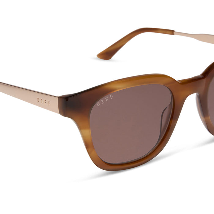 diff eyewear featuring the bridget round sunglasses with a tawny tortoise frame and brown lenses detailed view
