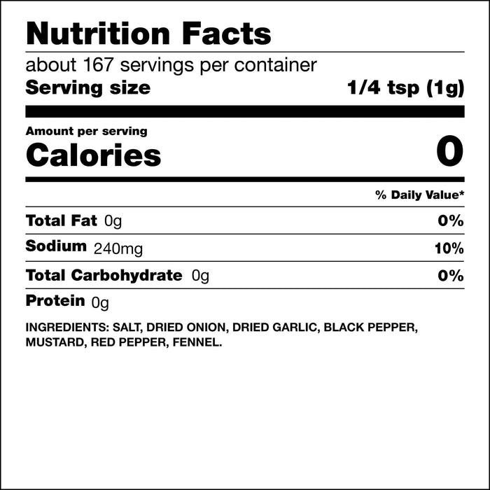 Nutrition Facts panel for seasoning blend showing serving size of 1/4 teaspoon (1 gram), 0 calories per serving, sodium content, and ingredients including salt, dried onion, dried garlic, black pepper, mustard, red pepper, and fennel.