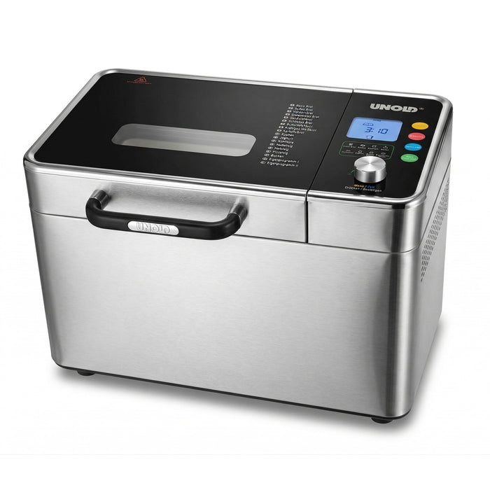 Der Unold Brotbackautomat BackProfi Nussspender inkl.. Rezeptheft ist ein Edelstahl-Brotbackautomat mit schwarzem Deckel, Sichtfenster, Digitalanzeige, Programmtasten und einem Frontgriff.