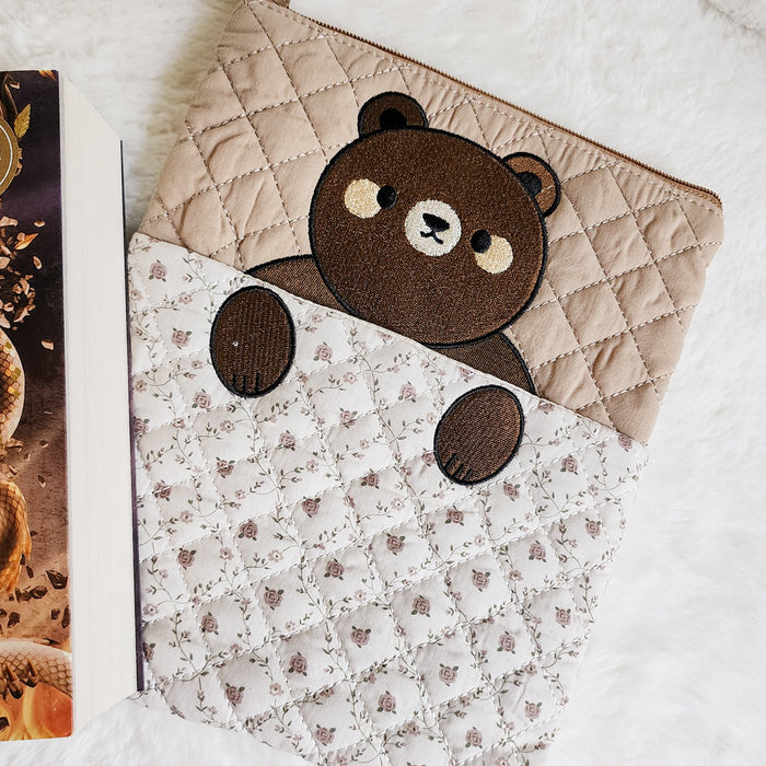 Brown Bear Zippered Book Sleeve With Outside Pocket - The Bean Workshop - book accessories, book girlie, book sleeve, bookish, bookish gift, brown bear, cottagecore, cute book sleeve, e-reader sleeve, gift for book lovers, kindle sleeve, reading accessories, zippered book sleeve