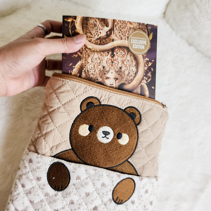 Brown Bear Zippered Book Sleeve With Outside Pocket - The Bean Workshop - book accessories, book girlie, book sleeve, bookish, bookish gift, brown bear, cottagecore, cute book sleeve, e-reader sleeve, gift for book lovers, kindle sleeve, reading accessories, zippered book sleeve