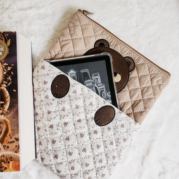Brown Bear Zippered Book Sleeve With Outside Pocket - The Bean Workshop - book accessories, book girlie, book sleeve, bookish, bookish gift, brown bear, cottagecore, cute book sleeve, e-reader sleeve, gift for book lovers, kindle sleeve, reading accessories, zippered book sleeve