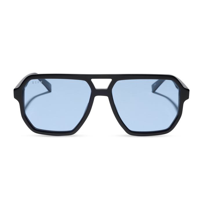 diff eyewear cameron navigator sunglasses with a black acetate frame and blue tint lenses front view