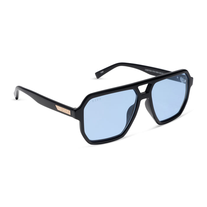 diff eyewear cameron navigator sunglasses with a black acetate frame and blue tint lenses angled view