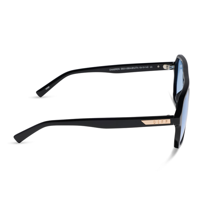 diff eyewear cameron navigator sunglasses with a black acetate frame and blue tint lenses side view