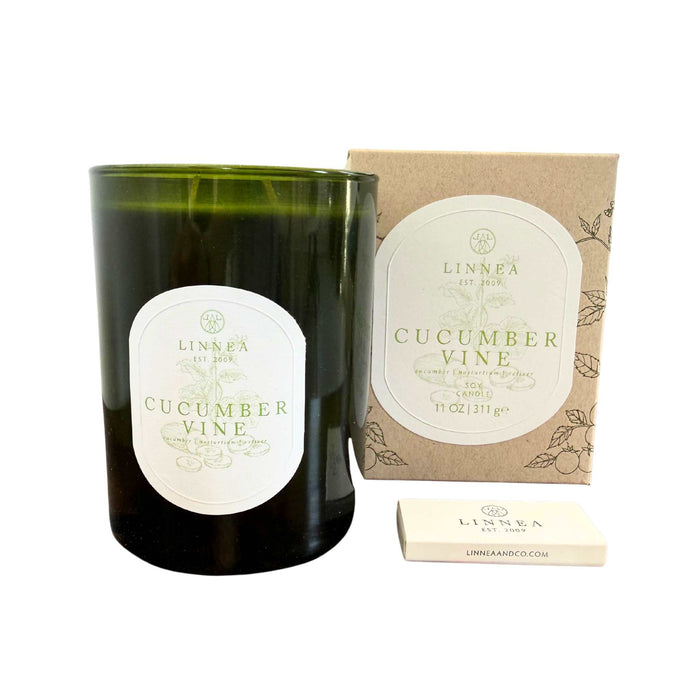 Linnea candle cucumber vine scent pictured with box and matchbox