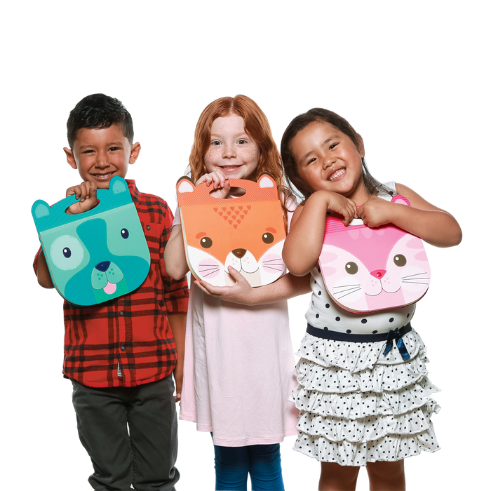 3 cute kids each holding a Carry-Along Sketchbook in Dog, Fox & Cat