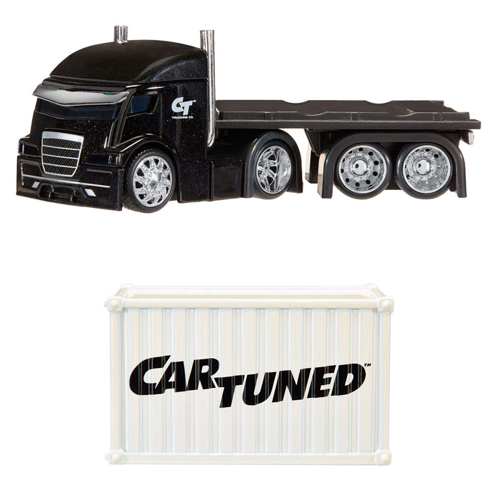 A black flatbed semi-truck toy above a white shipping container with the Car-Tuned logo, on a plain white background.