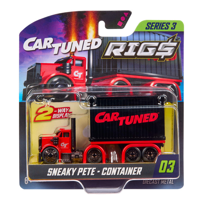 Cart Tuned Series 3 Sneaky Pete Container diecast metal toy truck in its original blister card packaging, featuring a red semi-truck cab and a black container with red branding.