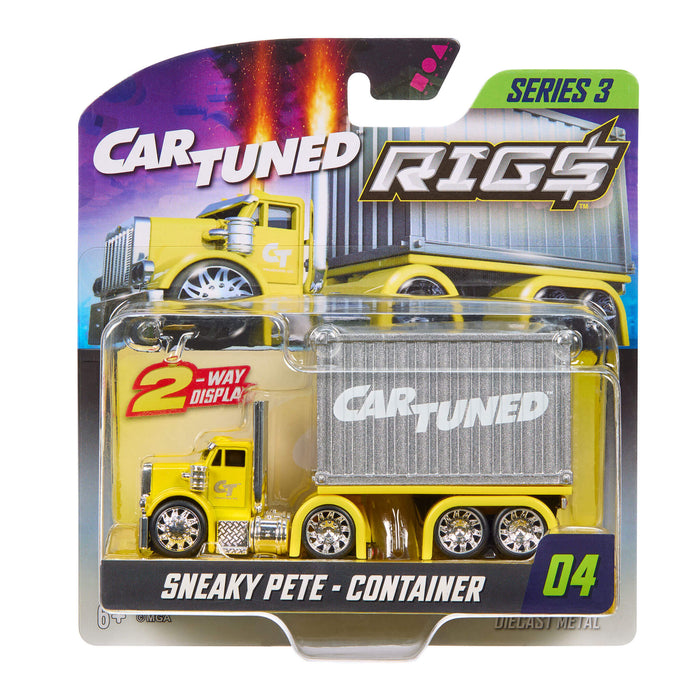 Cart Tuned Rigs 'Sneaky Pete - Container' diecast toy truck in its original blister card packaging. The toy features a bright yellow cab and a metallic silver container with 'Cart Tuned' branding.