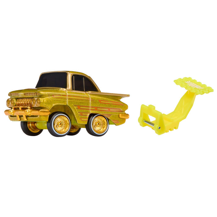 Toy truck with a yellow tool on a white background