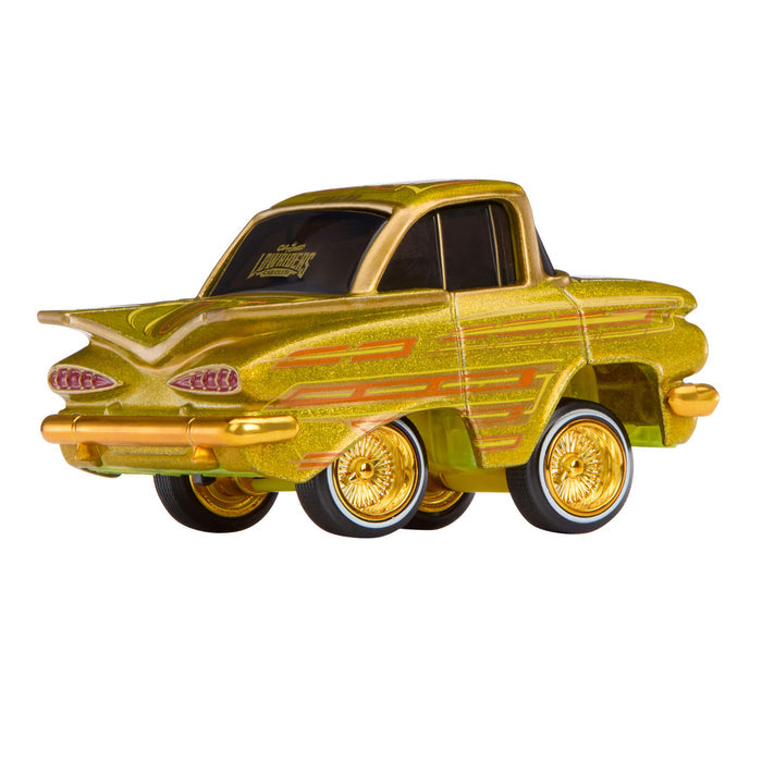 Gold toy car with black interior on a white background