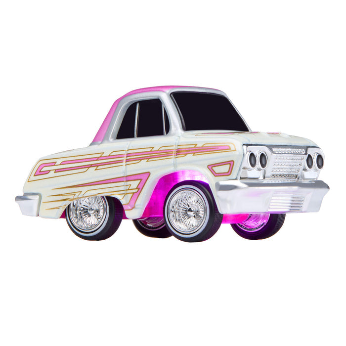Toy car with pink and white design on a white background
