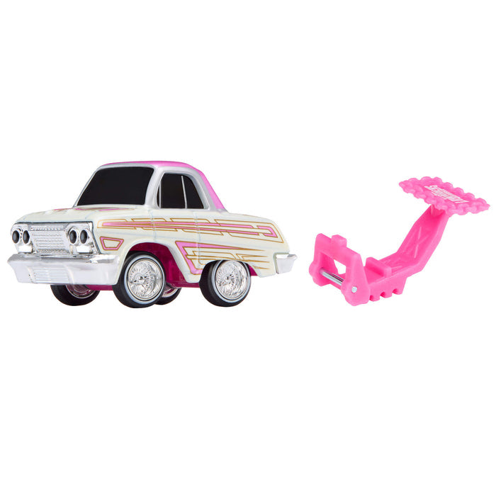 Toy car with pink and white design and a pink tool on a white background