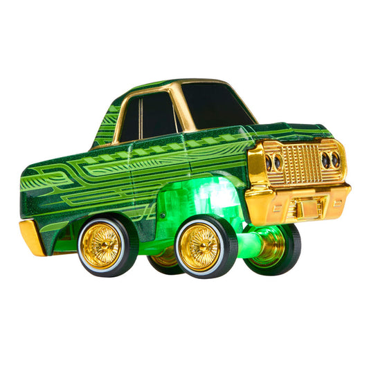 Toy truck with green body and gold accents on a white background