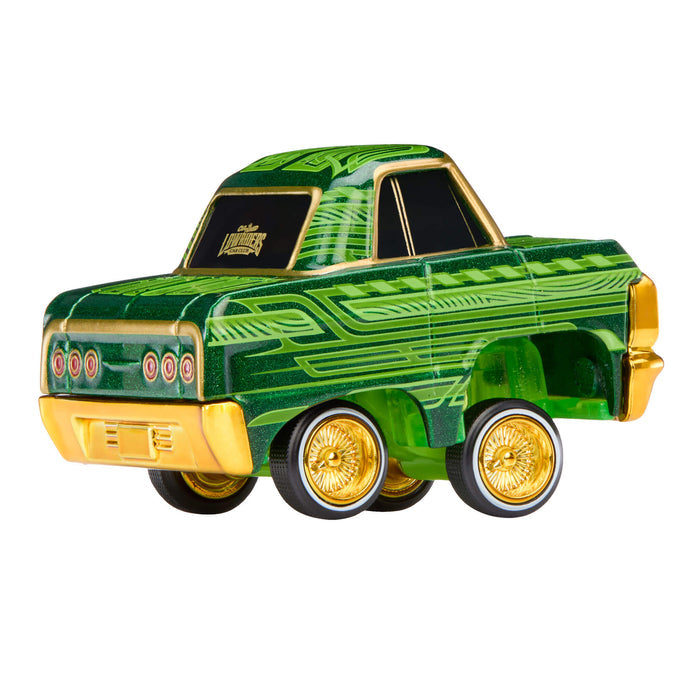 Green toy truck with gold accents on a white background