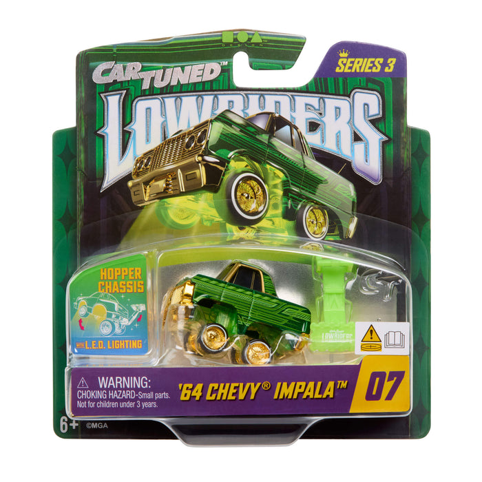 Toy car in packaging with 'Car Tuned' Lowriders branding on a white background