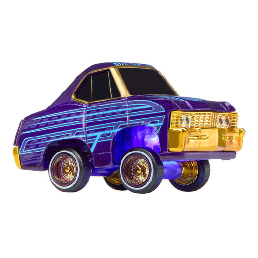 Toy car with purple body and gold accents on a white background