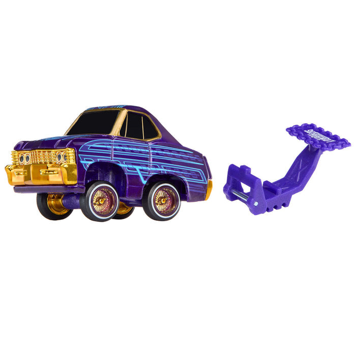 Toy car with purple and gold design and a purple attachment on a white background