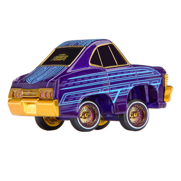 Toy car with purple and gold design on a white background