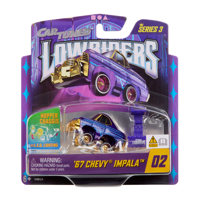 Toy car packaging featuring a '67 Chevy Impala model with purple and gold accents.