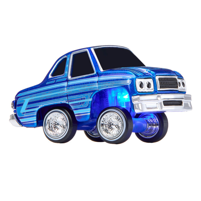 Blue toy car with blue light underneath on a white background