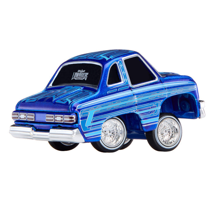 Blue toy car with a shiny finish on a white background