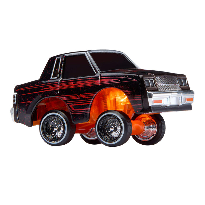 Toy car with a black and orange design on a white background