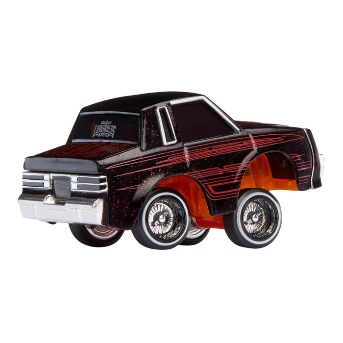 Model car with black and red design on a white background