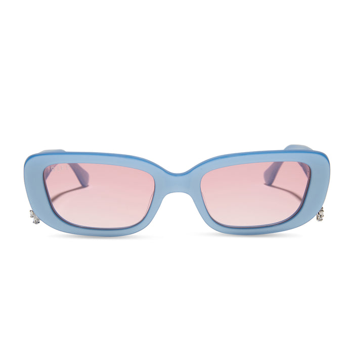clueless x diff eyewear featuring the cher round sunglasses with a light blue frame and pink gradient lenses front view